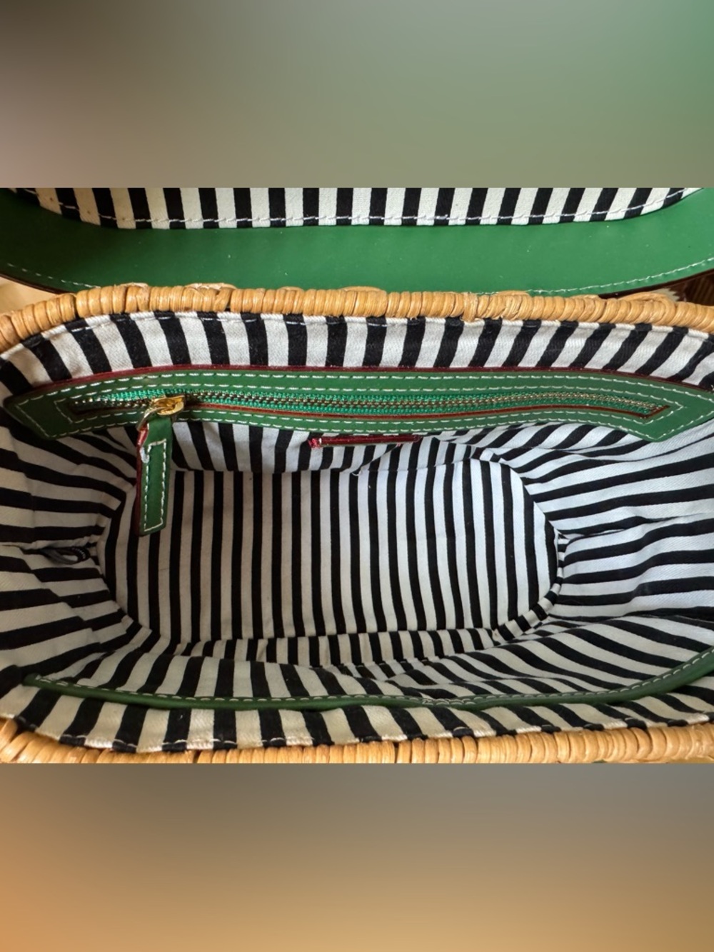 Frances Valentine Willow Wicker Basket Satchel Bag Natural and Green - Picture 7 of 11
